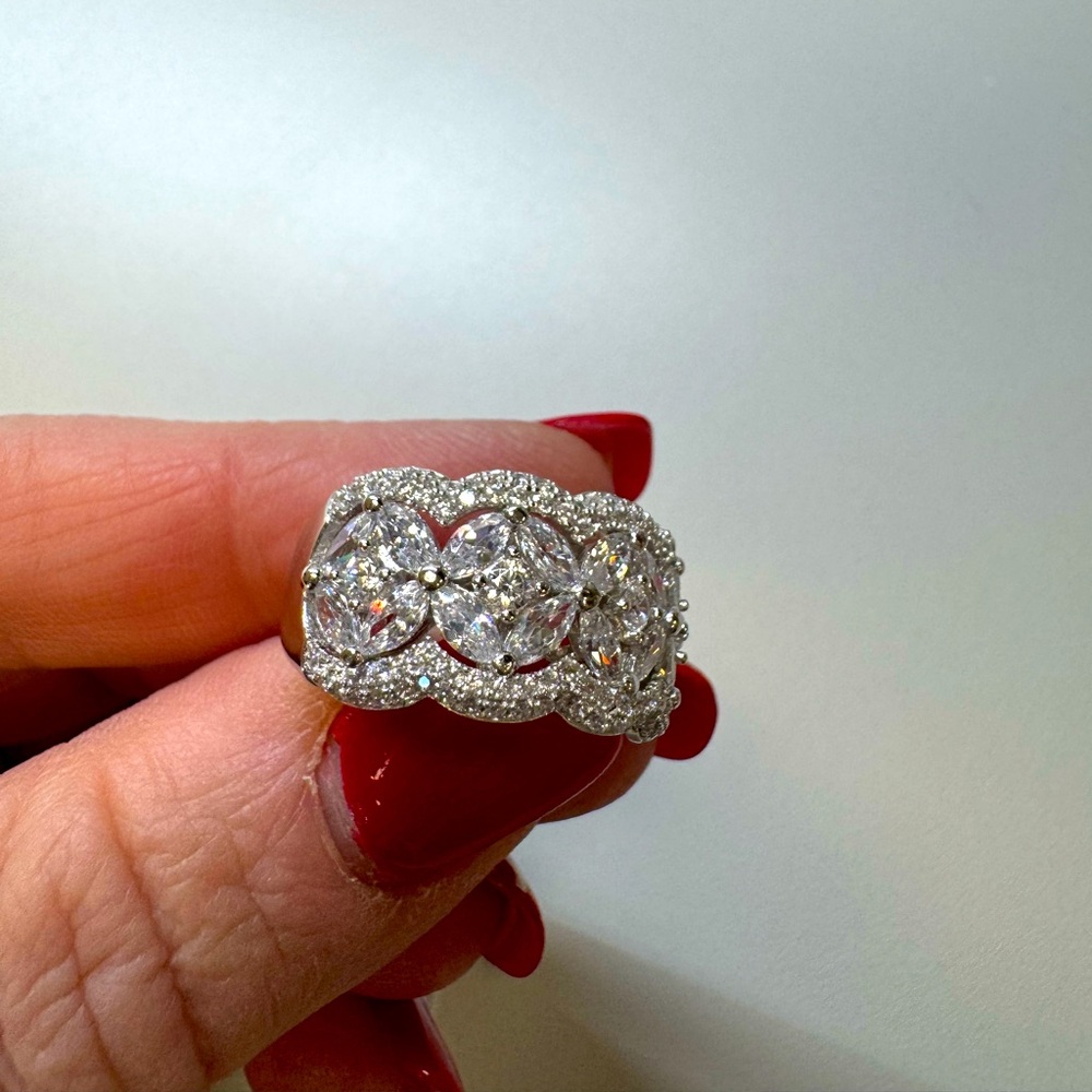 Suzy LeVian ring, size 9.  Sterling silver and cubic zirconia.